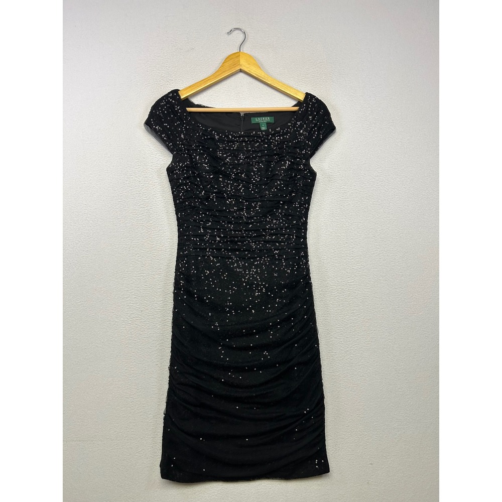 Cocktail Evening Lauren Ralph Lauren Womens 4 Black Ruched Sequined Sheath Dress